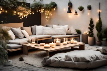 a minimalist outdoor space adorned with neutral tones, candles, and comfortable seating, reflecting the simplicity of Scandinavian hygge design.