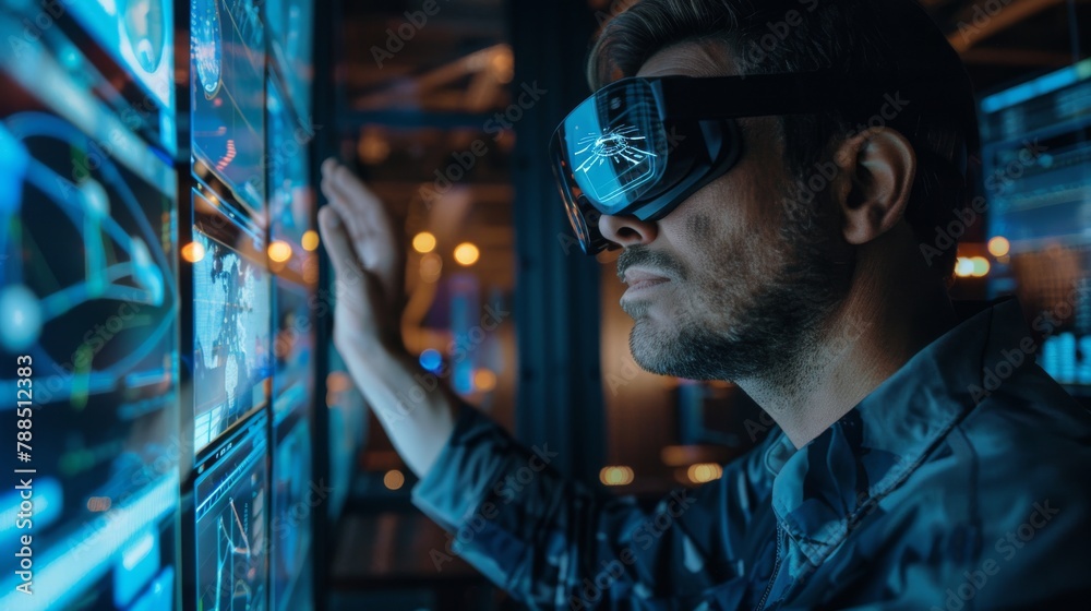 Poster futuristic engineer using virtual reality to interact with advanced technology interfaces