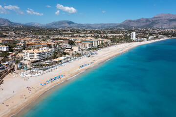 Aerial drone photo of the Spanish town of L'Albir in Spain Alicante showing the beach front on a...