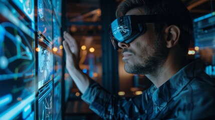 Fototapeta na wymiar Futuristic engineer using virtual reality to interact with advanced technology interfaces