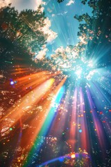 A heavenly spectacle where bright sunbeams and colorful prisms blend seamlessly, illuminating the sky with a spectral light show - obrazy, fototapety, plakaty