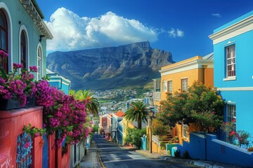Cape Town with Table Mountain backdrop. Colorful Bo-Kaap, South Africa - obrazy, fototapety, plakaty