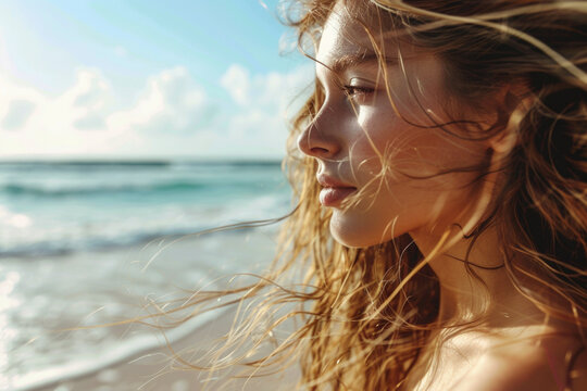 Portrait of a young beautiful woman with long windy hair on the beach