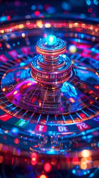 A roulette wheel spinning in a casino with blurred colorful lights in the background.