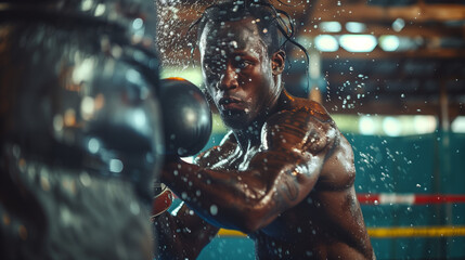 A boxer trains intensely, throwing punches at a bag or shadowboxing with focus and precision, showcasing  empowering workout of boxing training for both strength and cardiovascular fitness. - obrazy, fototapety, plakaty