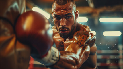 Fototapeta na wymiar A boxer trains intensely, throwing punches at a bag or shadowboxing with focus and precision, showcasing empowering workout of boxing training for both strength and cardiovascular fitness.