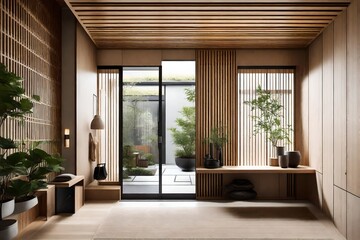 an entryway with a fusion of Japanese and Scandinavian elements, featuring practical elegance, simplicity, and a welcoming atmosphere.