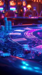 A blackjack table with a purple and blue neon glow.