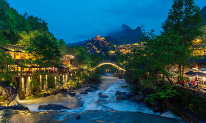 Wangxian Valley, China's tourist attractions, with waterfalls and beautiful ancient villages as...
