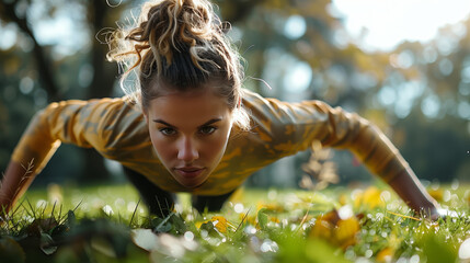 A person sweats it out in an outdoor workout session, surrounded by nature and fresh air as they jog, do push-ups, or stretch in a park, benefits of outdoor fitness activities. - obrazy, fototapety, plakaty