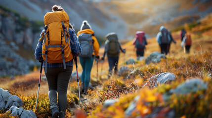 Adventurous individuals embark on a hiking excursion, trekking through rugged terrain and majestic landscapes, embracing the challenges and rewards of outdoor exploration and activity.