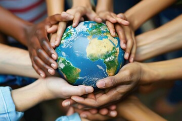 Diverse group of cheerful children holding earth globe