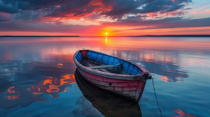 As the sun sets, its vibrant colors are mirrored in the calm waters of a serene lake or ocean, enveloping the scene in a peaceful and reflective ambiance. - obrazy, fototapety, plakaty
