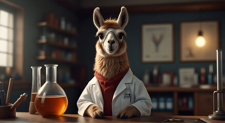 A cute llama scientist working in the laboratory, wearing lab court, Experiment, dark - obrazy, fototapety, plakaty