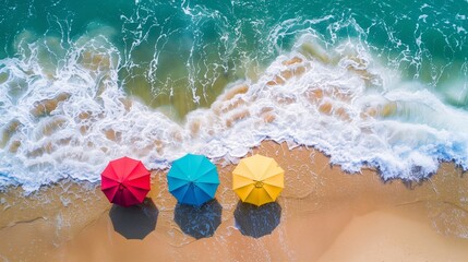 Aerial view of sea waves gently approaching colorful umbrellas on the sandy shore.