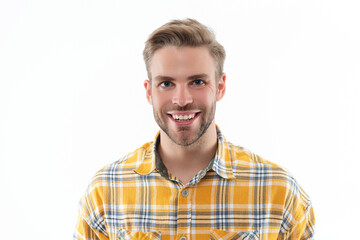 Stylish man with stylish hairstyle. Trendy male fashion style. Male casual style. Face portrait. Caucasian casual guy. Man in checkered shirt isolated on white. Millennial happy man - 788515191