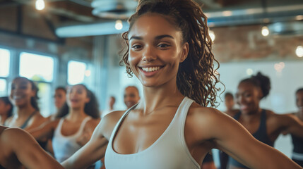 Enthusiastic individuals join a dance fitness class, moving to the rhythm of upbeat music and dynamic choreography, experiencing the joy and exhilaration of movement and activity. - obrazy, fototapety, plakaty