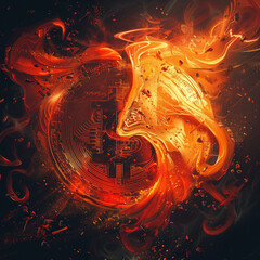 An abstract representation of Bitcoin Halving, with two halves of a Bitcoin drifting apart surrounded by swirling flames and embers