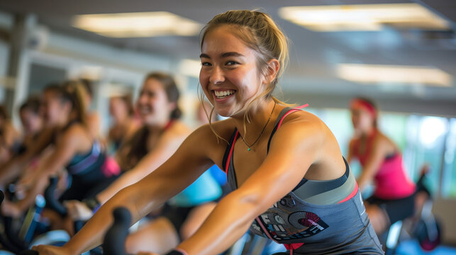 Enthusiastic participants pedal away in an indoor cycling class