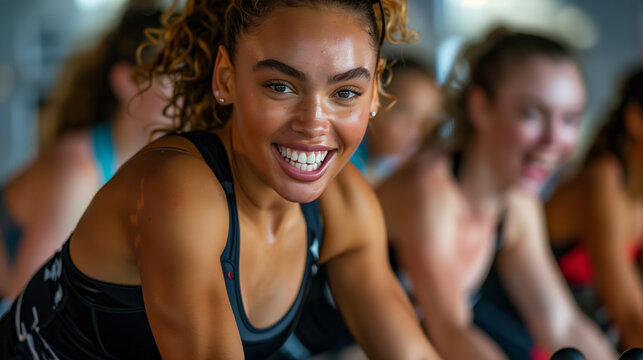 Enthusiastic participants pedal away in an indoor cycling class