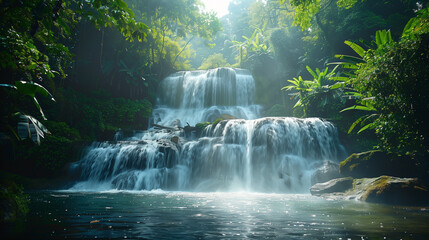 Hidden away in a lush jungle or forest, a secluded waterfall cascades with misty serenity, creating a tranquil oasis of natural beauty and peace.
