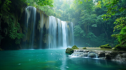 Hidden away in a lush jungle or forest, a secluded waterfall cascades with misty serenity, creating a tranquil oasis of natural beauty and peace.