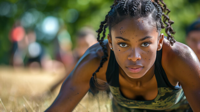 Fitness enthusiasts challenge themselves with an outdoor bootcamp workout, their determination evident as they tackle bodyweight exercises, agility drills, and strength challenges in a park