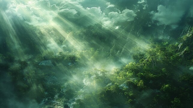 Capture the essence of a birds-eye view of an otherworldly landscape bathed in mystical light Use digital rendering techniques to enhance the magical aura, perfect for creating a sense of mystery and