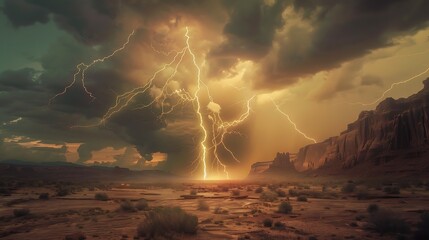 A bolt of lightning strikes the desert floor during a summer storm. The bolt is surrounded by dark clouds and illuminates the surrounding landscape.