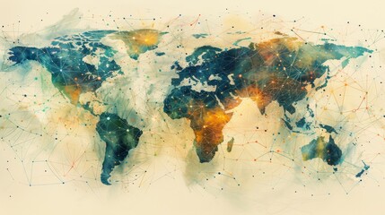 Illustrate the connectivity of different continents through a traditional art medium like watercolor Depict the flow of emails, texts, and calls with a wide-angle view, showcasing the beauty of global