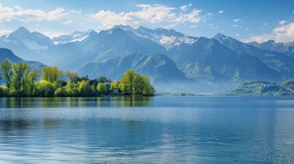 beautiful landscape of a lake and mountains with green trees