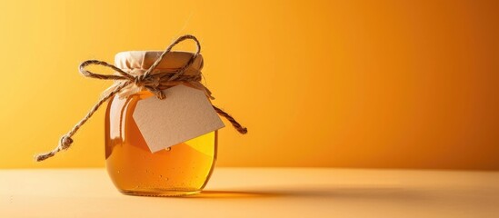 Jar of natural honey with empty tag on a colorful orange backdrop. Room for inscription.