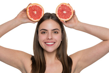 Beauty woman with grapefruit. Woman fill skin with vitamin. Skincare and diet. Young girl has clean skin. Healthy lifestyle. Skin of beauty woman isolated on white. Clean face - 788516386
