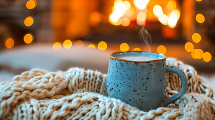 Nestled by a crackling fireplace, wrapped in a warm blanket, someone sips hot cocoa or wine, their face glowing with contentment and coziness on a chilly evening.