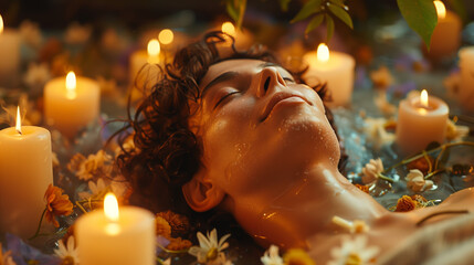 Surrounded by candles and aromatic oils, someone lies back with closed eyes, inhaling deeply and experiencing the calming effects of aromatherapy for relaxation, their expression serene and tranquil.