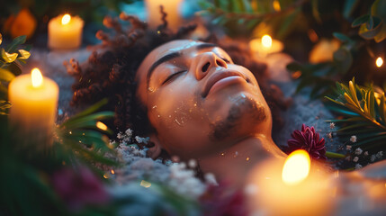 Surrounded by candles and aromatic oils, someone lies back with closed eyes, inhaling deeply and experiencing the calming effects of aromatherapy for relaxation, their expression serene and tranquil. - obrazy, fototapety, plakaty