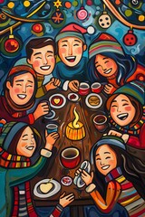 Capture the warmth and joy of a family holiday gathering from a worms-eye view in vibrant acrylic colors, showcasing the cozy scene of loved ones laughing and sharing special moments