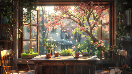 Fototapeta na wymiar A quaint breakfast nook with a view of a blooming garden, birds chirping softly outside.