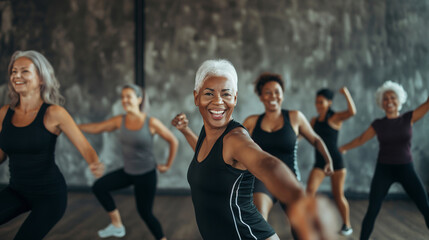 A group of diverse middle-aged women enjoying a  dance in gym class. Active lifestyle in menopause