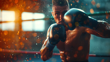 A boxer trains intensely, throwing punches at a bag or shadowboxing with focus and precision