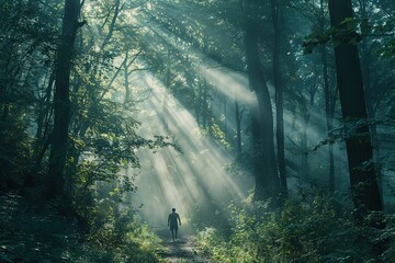 Mystical forest path with rays of light piercing through the foliage.