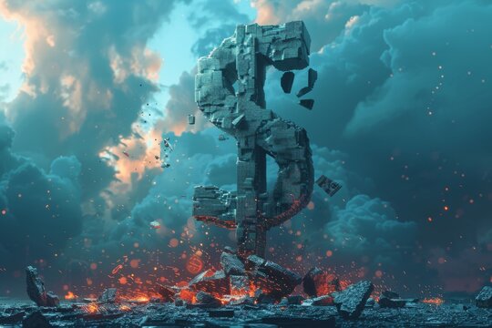 Craft a captivating digital rendering of a crumbling, dollar sign-shaped pillar, symbolizing economic instabilitys looming threat in a pixel art style
