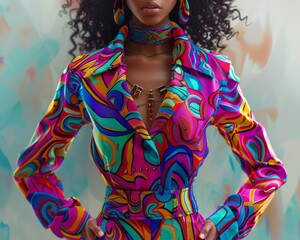 Capture the essence of vibrant female leadership in a digital rendering, showcasing a powerful female figure in colorful attire exuding confidence and authority