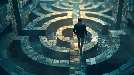 Businessman in bitcoin labyrinth. Cryptocurrency concept. Financial concept