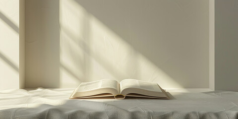 Open Book on Table in Front of Sunlit Window with Streaming Light, Creating a Cozy Reading...