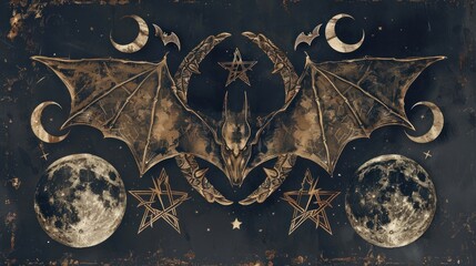 Bat occult print with seven pointed star and moon shapes on background AI generated