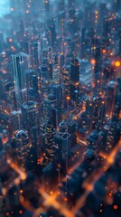 Capture the Birds-eye view of Economic Growth with a dynamic 3D rendering in CG, showcasing rising bar graphs and money icons floating above a cityscape