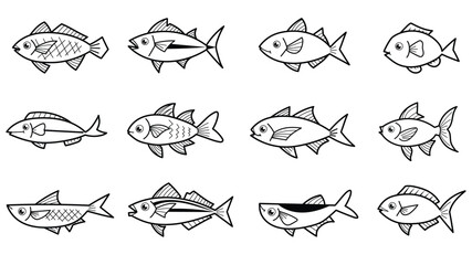 Set of realistic cartoon images of various types of fish in black and white line drawings with rounded edges.
