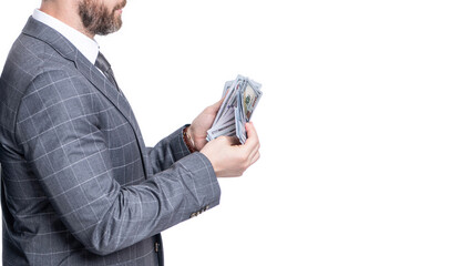 Successful business brings money. Successful business man investor. Financial investment. Businessman with money isolated on white. Businessman invest money in business. Advertisement. Cash salary - 788518560