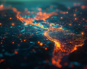 Illustrate the connectivity of the Telecommunication Links Map through a mesmerizing CG 3D rendering, showcasing the flow of data between diverse geographic locations